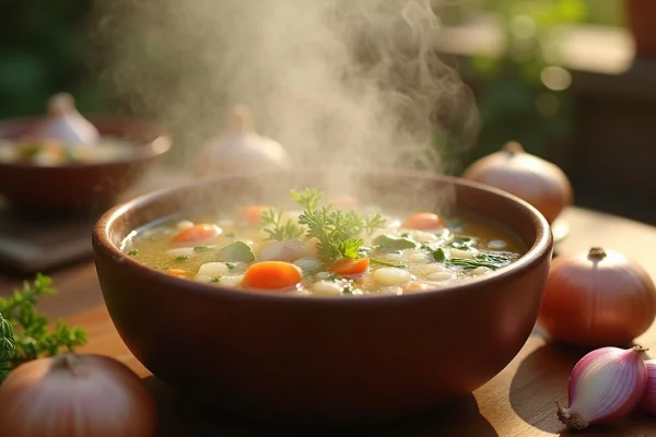 Zuppa salutare su sfondo rustico con cuore stilizzato per la salute del cuore