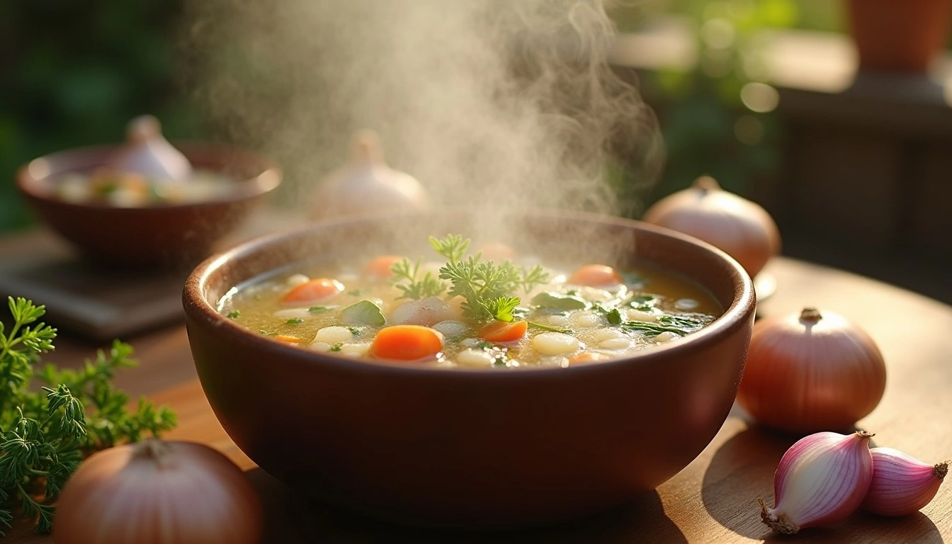 Zuppa salutare su sfondo rustico con cuore stilizzato per la salute del cuore