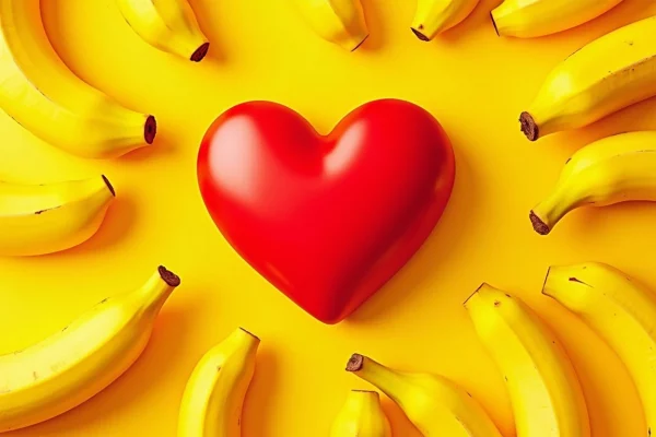 Cuore rosso stilizzato circondato da banane che evidenziano l’importanza del potassio