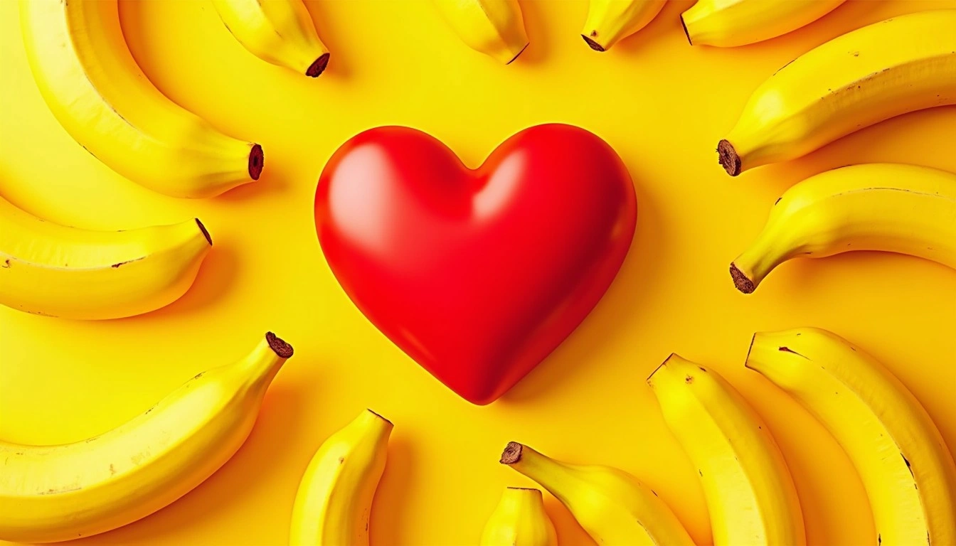 Cuore rosso stilizzato circondato da banane che evidenziano l’importanza del potassio