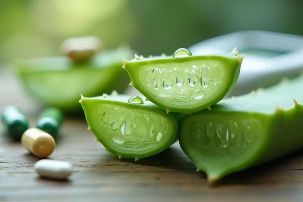 Foglia di Aloe Vera recisa con gel interno e glucometro sullo sfondo