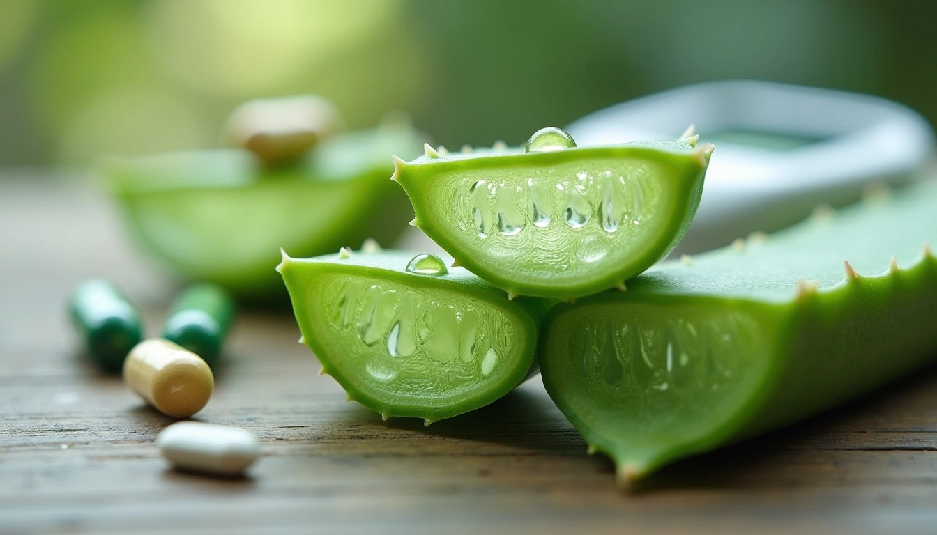 Foglia di Aloe Vera recisa con gel interno e glucometro sullo sfondo