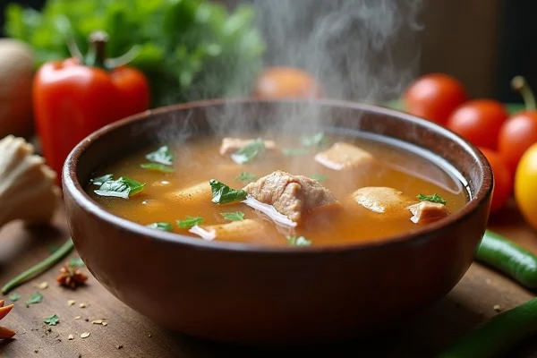 Brodo di ossa fumante con verdure fresche e spezie per la salute delle articolazioni