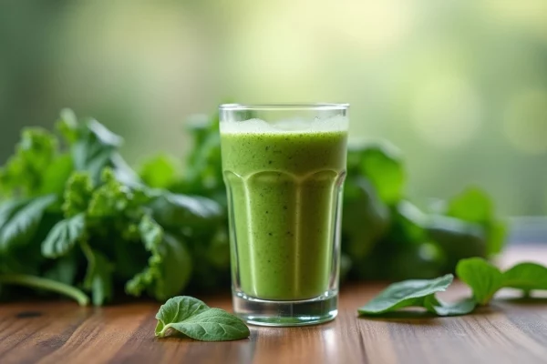 Frullato verde in primo piano con foglie di spinaci e kale