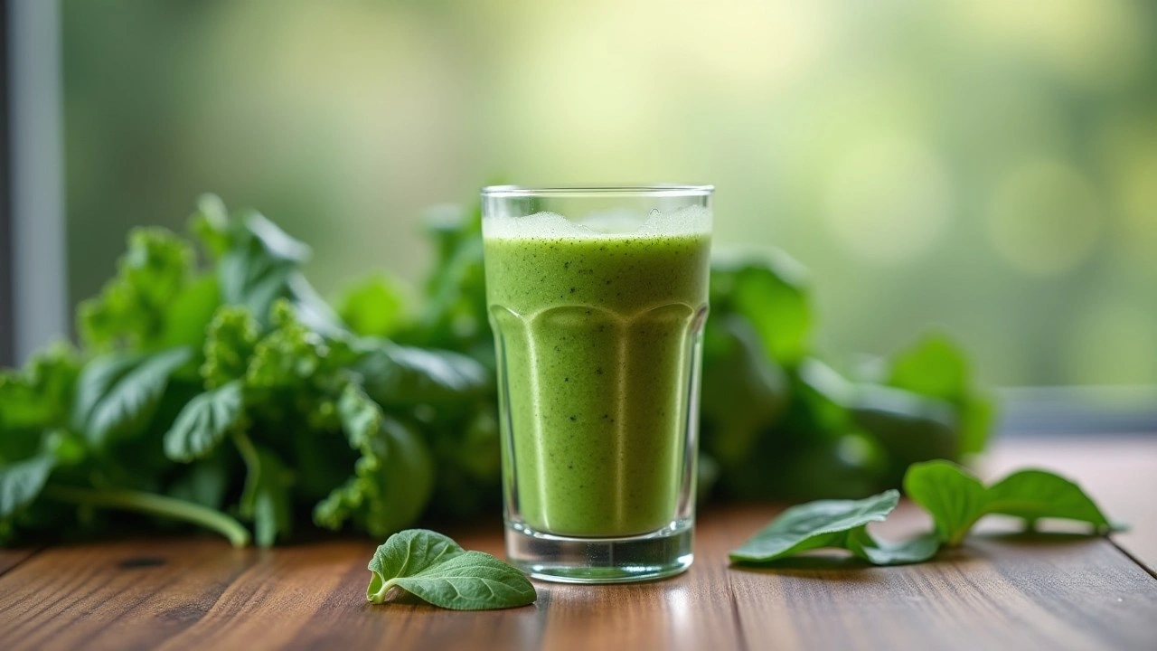 Frullato verde in primo piano con foglie di spinaci e kale