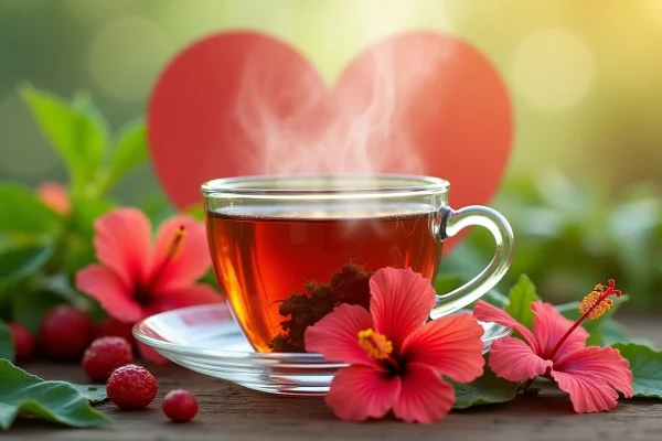 tisana e fiori di ibisco con cuore stilizzato per copertina dell’articolo sulle tisane per il cuore