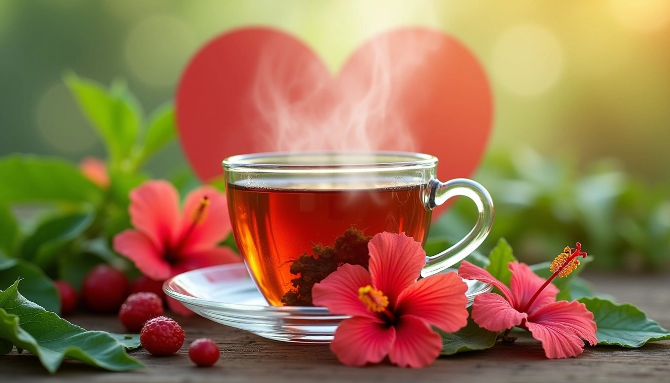 tisana e fiori di ibisco con cuore stilizzato per copertina dell’articolo sulle tisane per il cuore