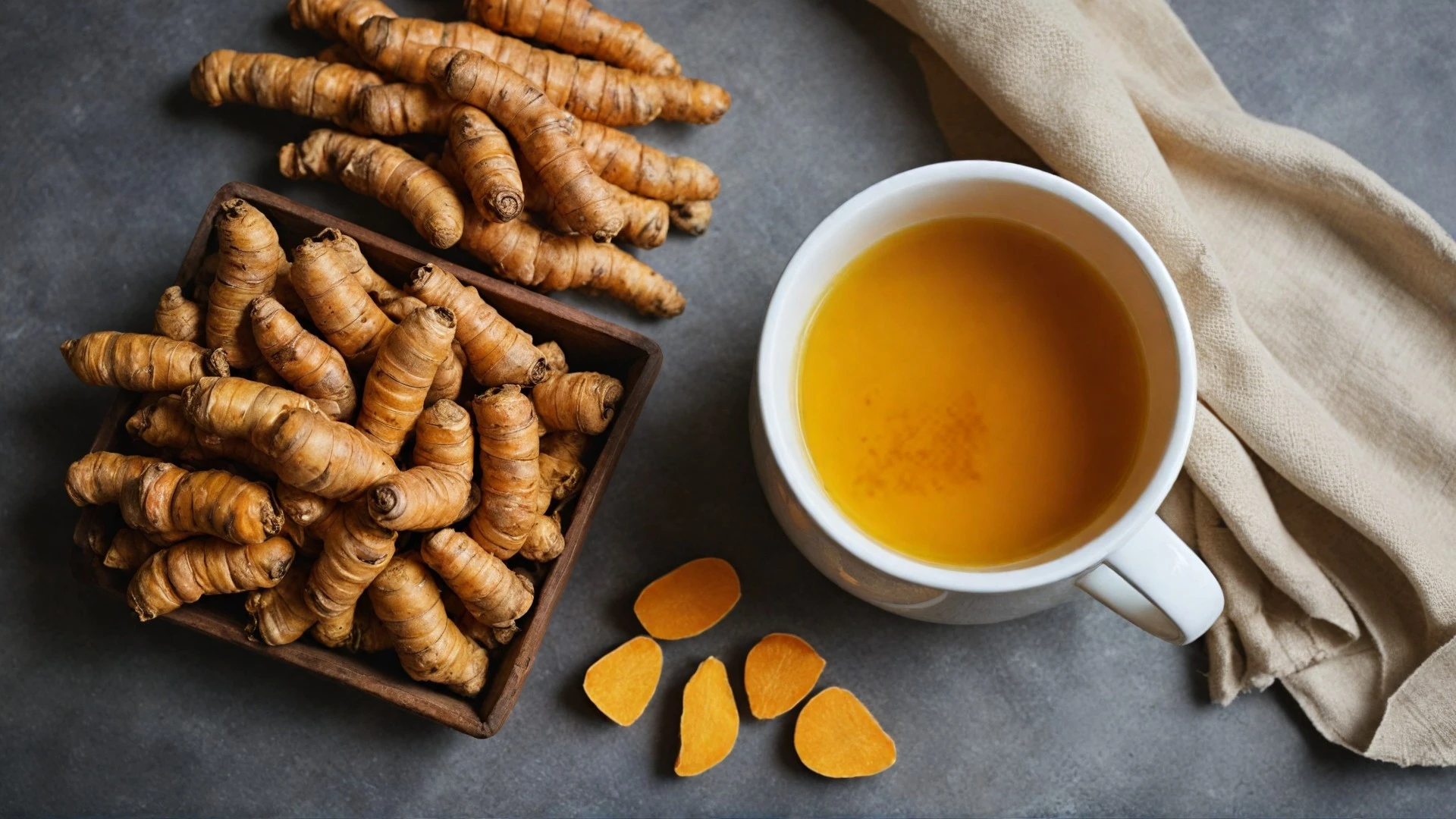 Copertina con radici di curcuma e zenzero accanto a una tazza di tè caldo