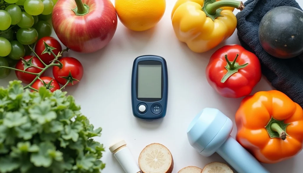 Oggetti che rappresentano una vita sana: alimenti sani, scarpe sportive e glucometro