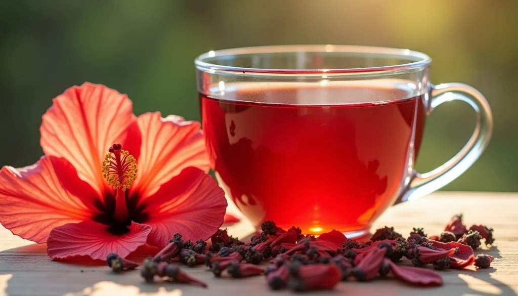 tazza di tisana di ibisco con fiori essiccati per il benessere del cuore
