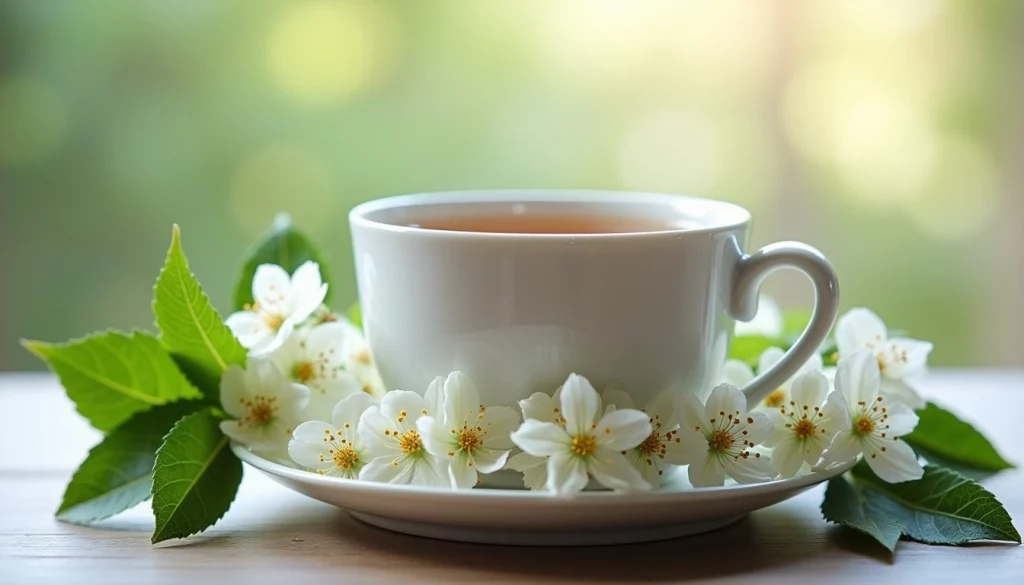 fiore di biancospino e tazza di tisana per proteggere il cuore e regolare la pressione
