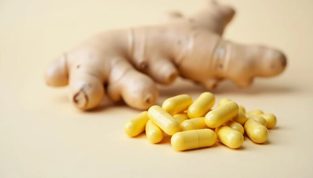 Capsule di zenzero e radice fresca per illustrare il possibile dosaggio per chi ha il diabete
