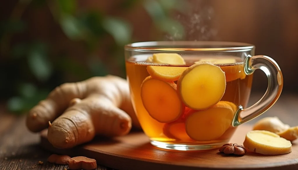 tazza di tisana allo zenzero con fette di radice fresca e vapore aromatico