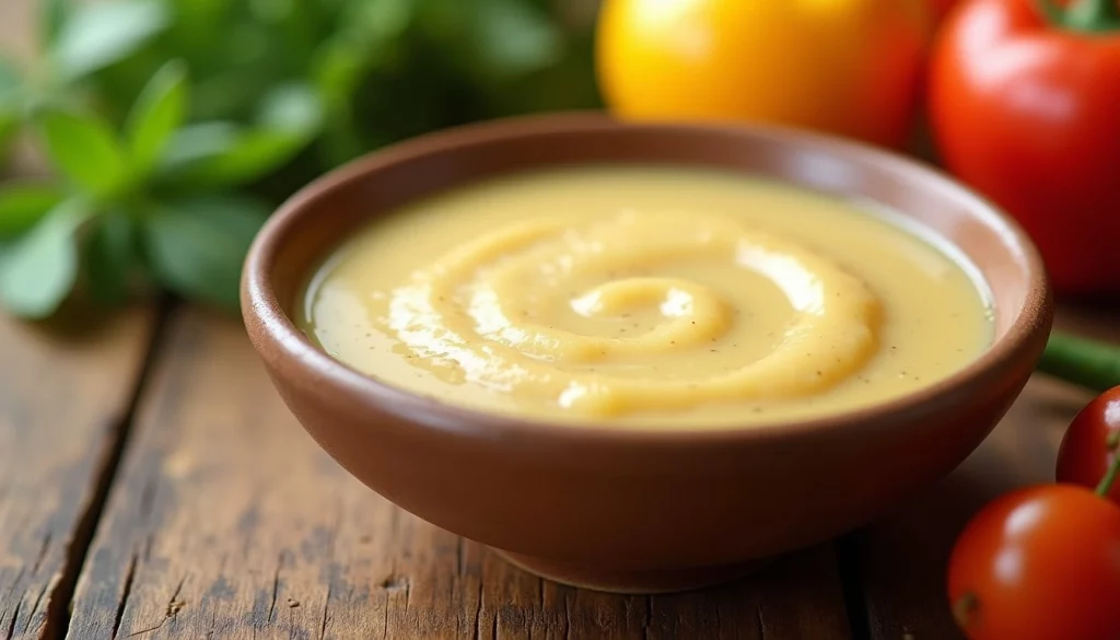 Ciotolina di salsa allo zenzero con aglio e spezie sullo sfondo