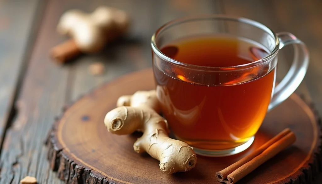 Tazza fumante di tisana allo zenzero e cannella su tavolo di legno