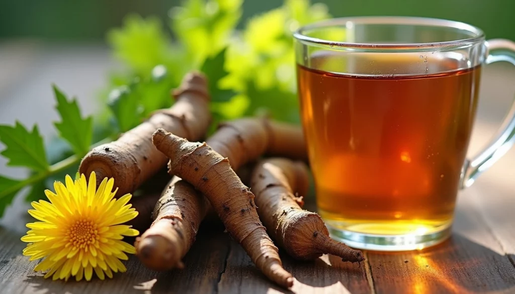 tazza di tisana di tarassaco con radici e foglie per favorire la diuresi e la salute del cuore