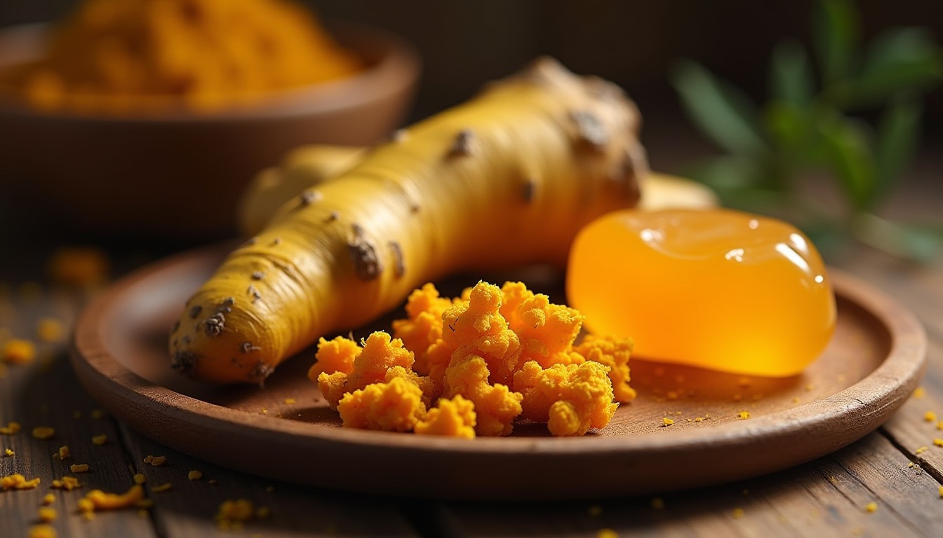 Primo piano di radice di curcuma e resina di Boswellia serrata, due estratti naturali dalla provata azione antinfiammatoria.