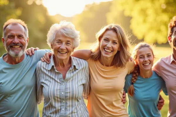 Gruppo di persone sorridenti che gestiscono il diabete con uno stile di vita attivo