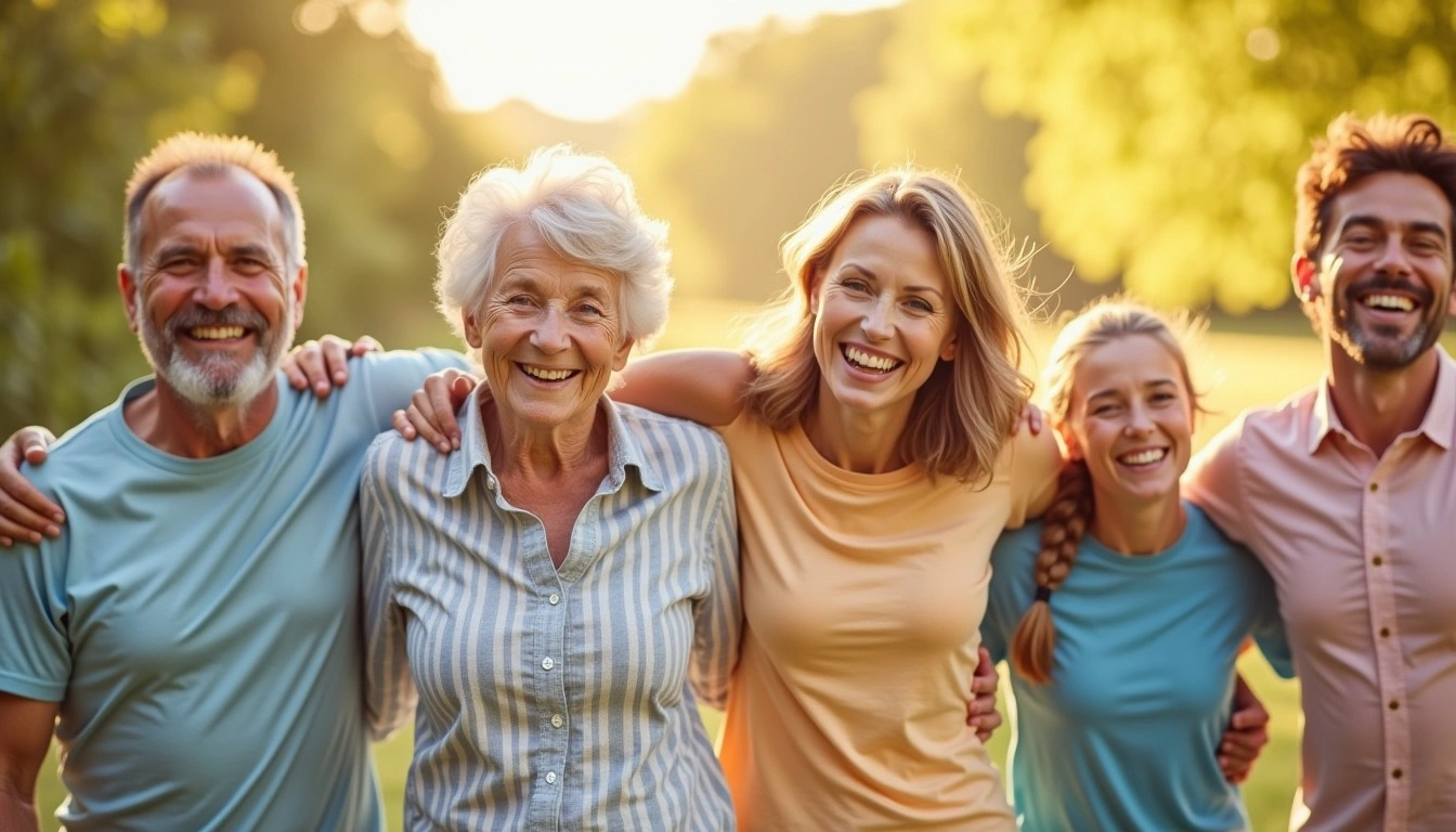 Gruppo di persone sorridenti che gestiscono il diabete con uno stile di vita attivo