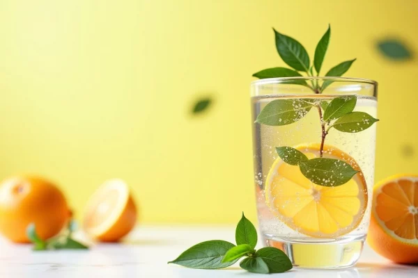 Bicchiere di bevanda detox all’acqua di agrumi con foglie verdi su sfondo luminoso