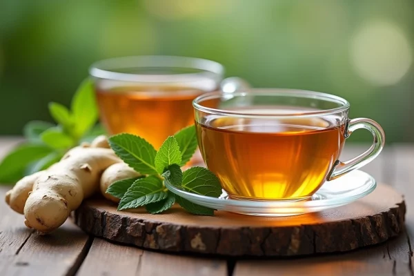 Tazze di tisane dimagranti con erbe naturali su sfondo morbido