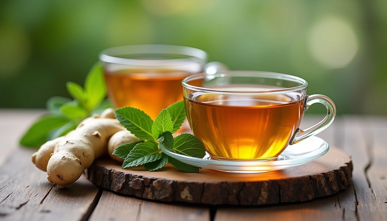 Tazze di tisane dimagranti con erbe naturali su sfondo morbido